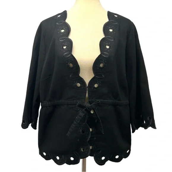 Bob Mackie Art To Wear Black Cotton Floral Eyelet Tie Waist Jacket Womens Large - Picture 1 of 11